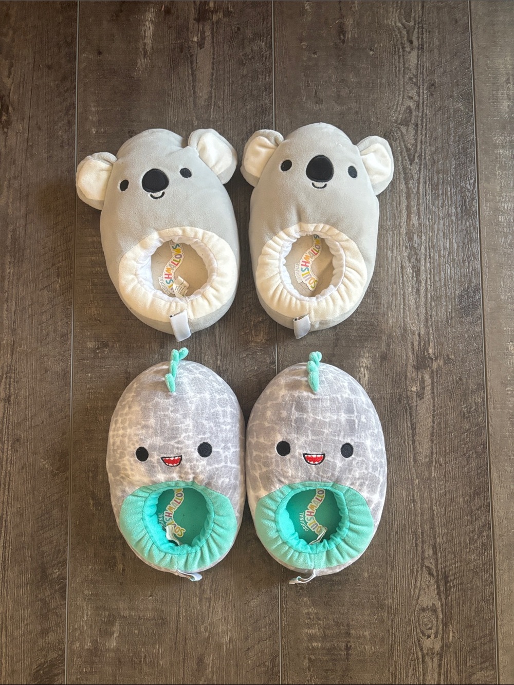 2 pairs Squishmallows Gray Koala and Gray Teal Narwhal Plush Slippers size 13-1